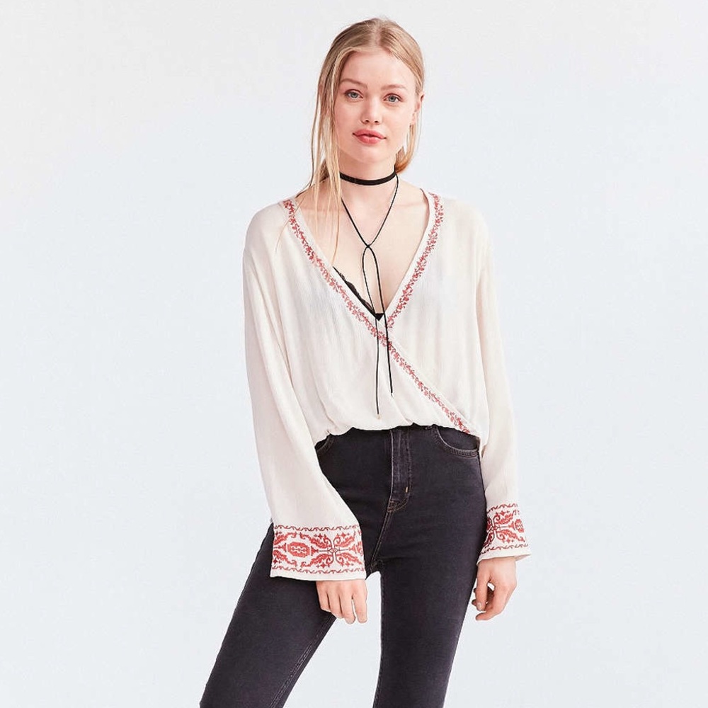 Urban Outfitters Ecote Embroidered Surplice Top